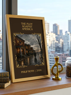 The Plot Against America Classic Book Art Print by Philip Roth – framed print on a city-view windowsill