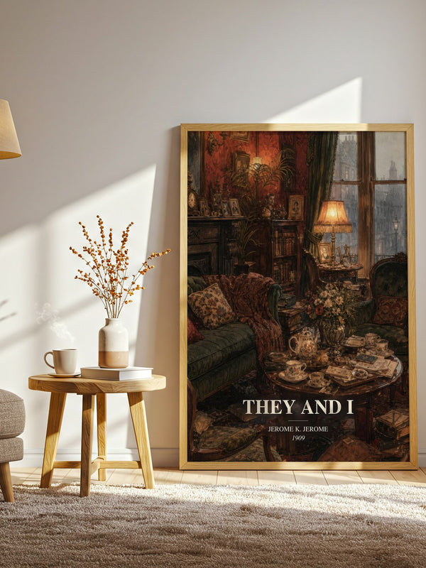 They And I watercolour print in frame leaning in hallway – literary fiction wall art