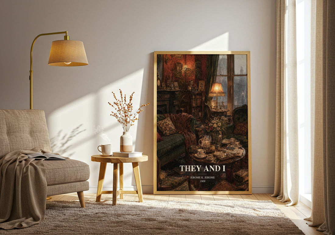They And I watercolour print in frame leaning in hallway – literary fiction wall art (mockup)