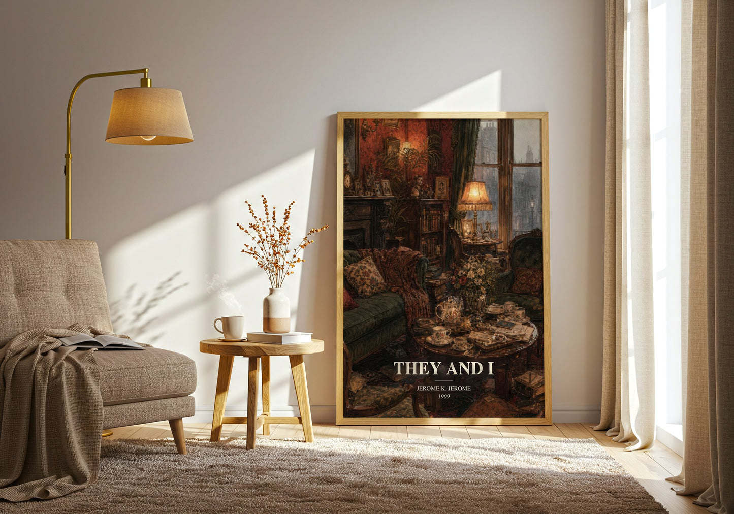 They And I watercolour print in frame leaning in hallway – literary fiction wall art