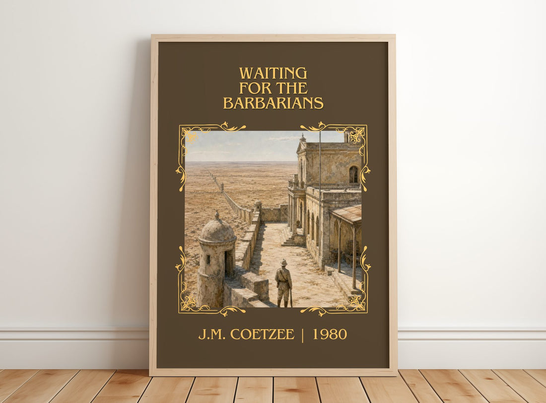 Waiting for the Barbarians Classic Book Art Print by J.M. Coetzee – framed print leaning on a wooden floor