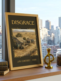 Disgrace Classic Book Art Print by J.M. Coetzee – framed print on a city-view windowsill