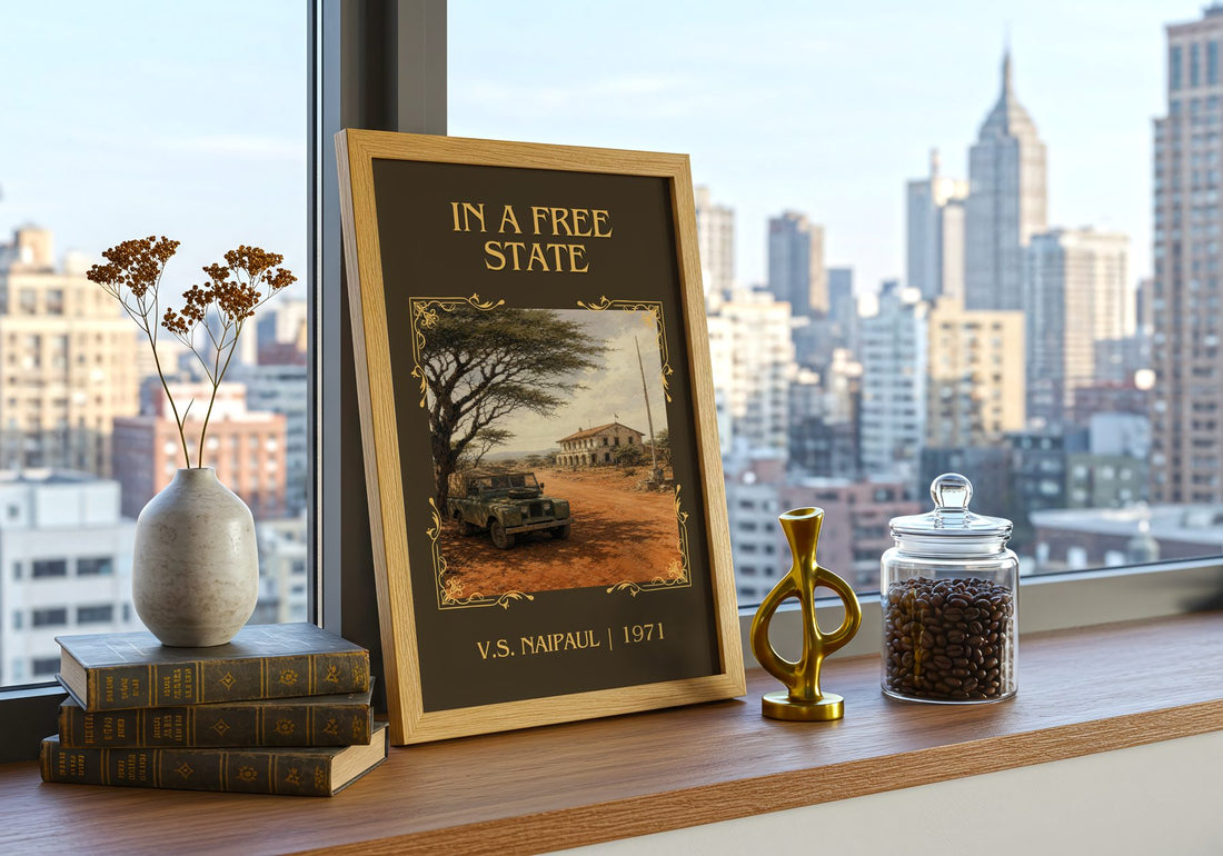 In a Free State Classic Book Art Print by V.S. Naipaul – framed print on a city-view windowsill