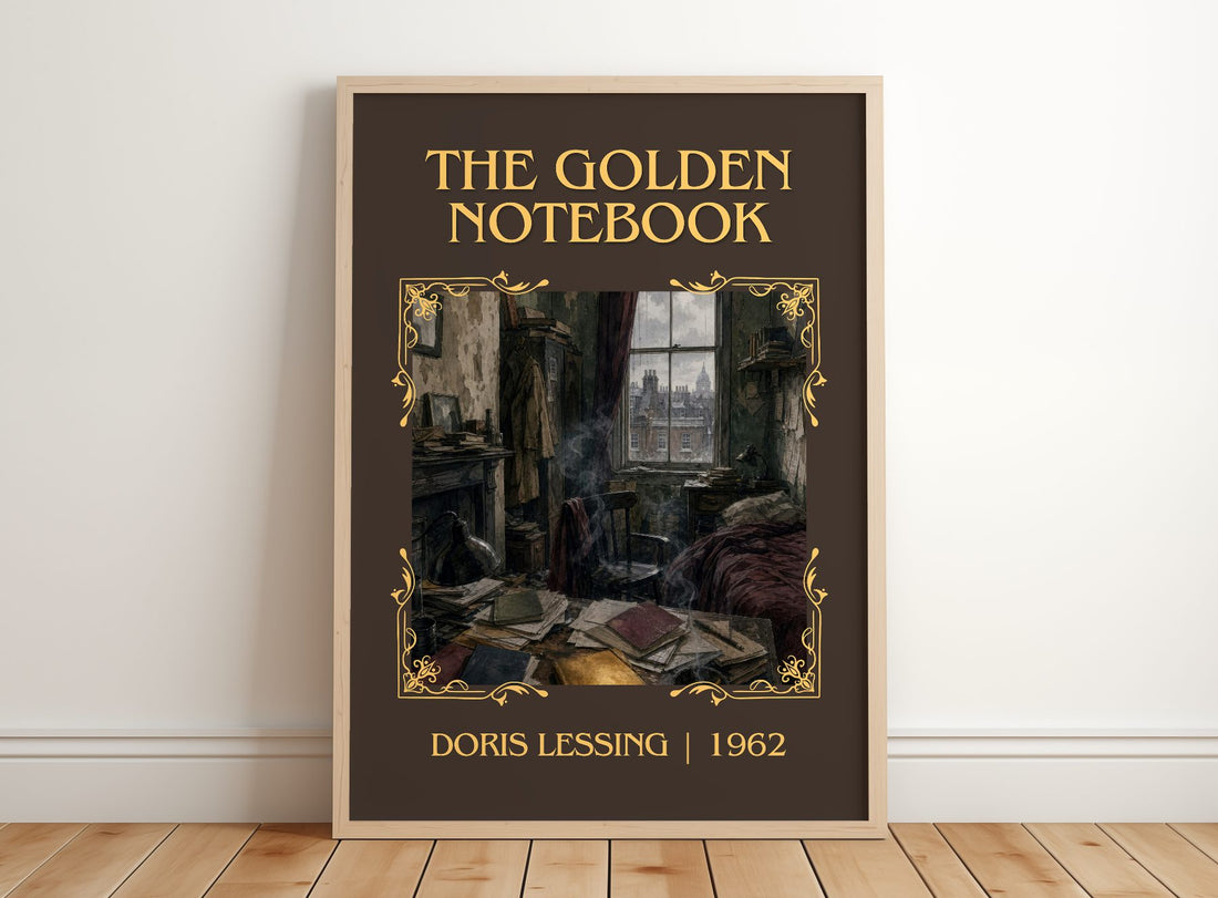 The Golden Notebook Classic Book Art Print by Doris Lessing – framed print leaning on a wooden floor
