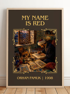 My Name Is Red Classic Book Art Print by Orhan Pamuk – framed print leaning on a wooden floor