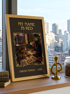 My Name Is Red Classic Book Art Print by Orhan Pamuk – framed print on a city-view windowsill