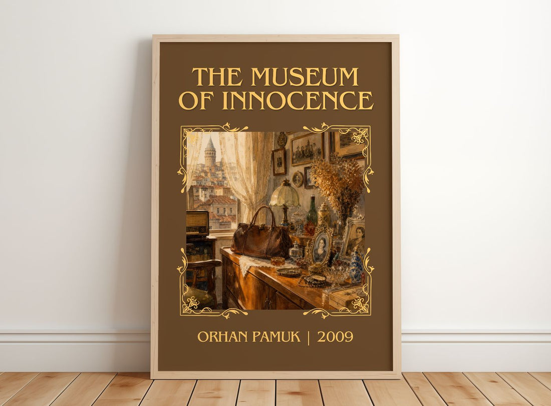 The Museum of Innocence Classic Book Art Print by Orhan Pamuk – framed print leaning on a wooden floor