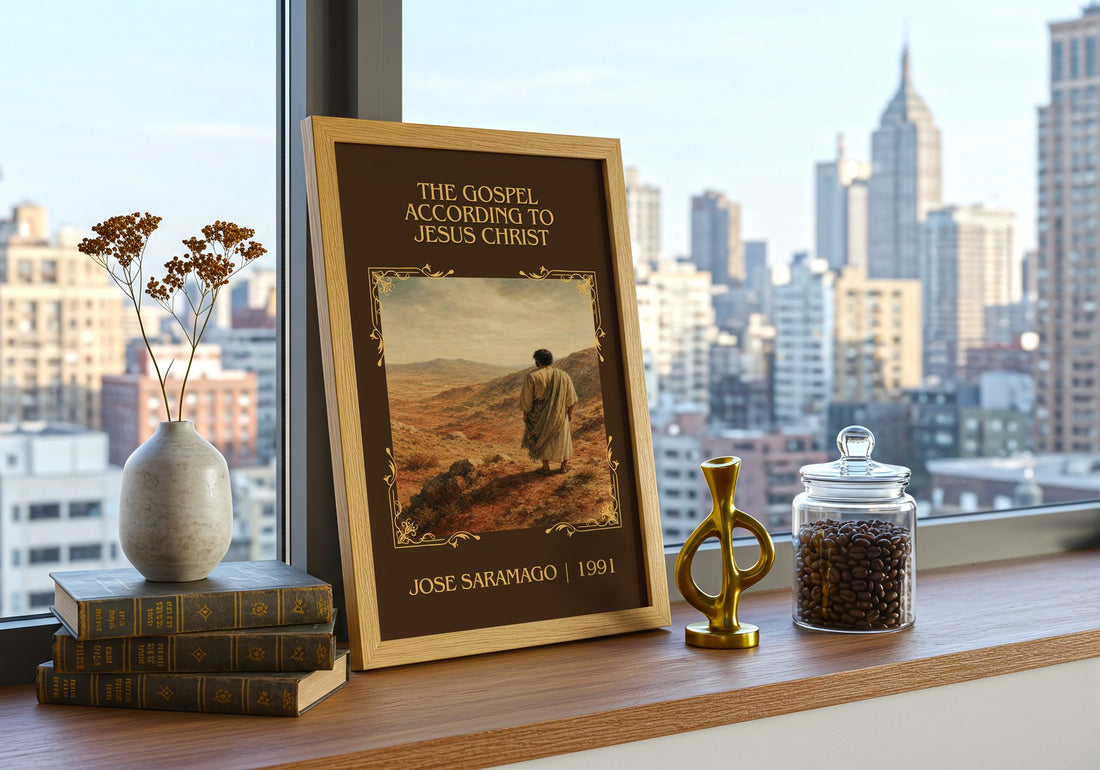 Gospel According to Jesus Christ Classic Book Art Print by J. Saramago – framed print on a city-view windowsill
