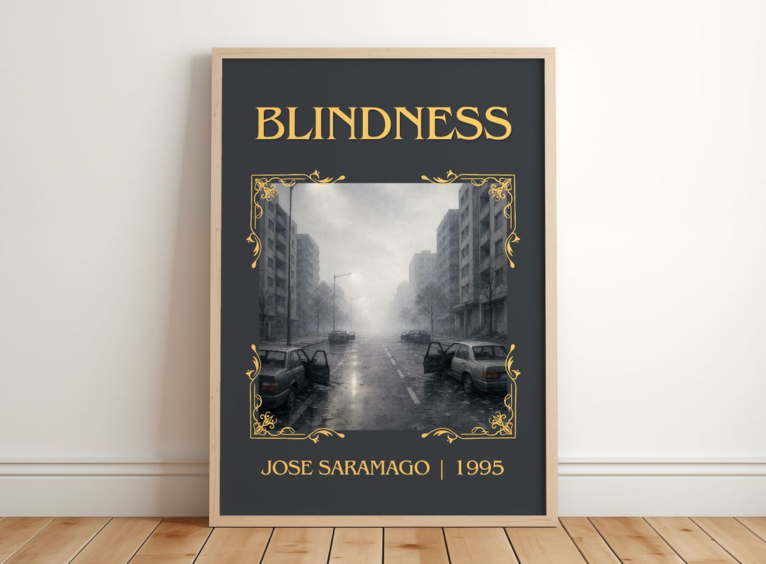 Blindness Classic Book Art Print by José Saramago – framed print leaning on a wooden floor