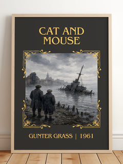 Cat and Mouse Classic Book Art Print by Günter Grass – framed print leaning on a wooden floor