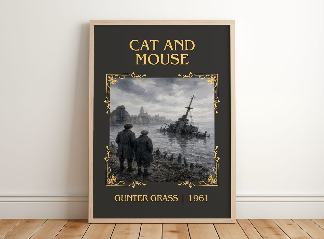Cat and Mouse Classic Book Art Print by Günter Grass – framed print leaning on a wooden floor