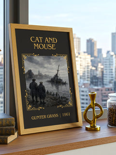 Cat and Mouse Classic Book Art Print by Günter Grass – framed print on a city-view windowsill
