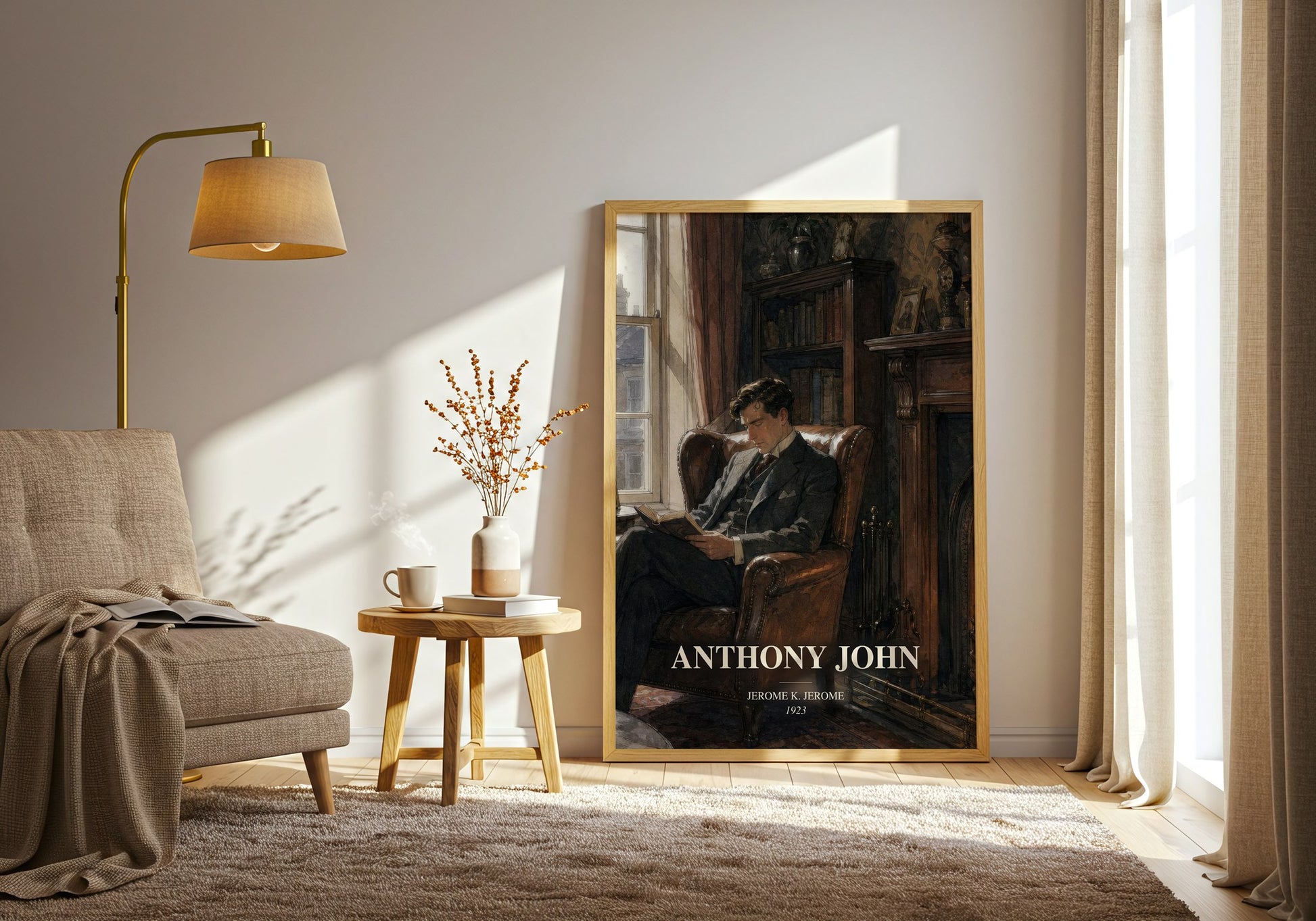 Anthony John watercolour print in frame leaning in hallway – literary fiction wall art