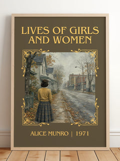 Lives of Girls and Women Classic Book Art Print by Alice Munro – framed print leaning on a wooden floor