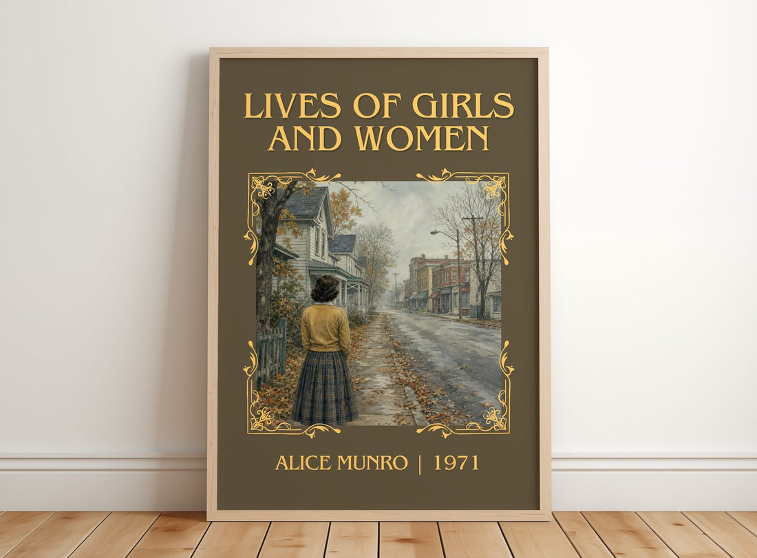Lives of Girls and Women Classic Book Art Print by Alice Munro – framed print leaning on a wooden floor