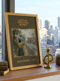 Lives of Girls and Women Classic Book Art Print by Alice Munro – framed print on a city-view windowsill