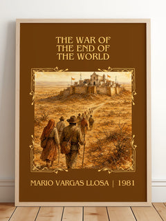 War of the End of the World Classic Book Art Print by M. Llosa – framed print leaning on a wooden floor