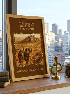 War of the End of the World Classic Book Art Print by M. Llosa – framed print on a city-view windowsill