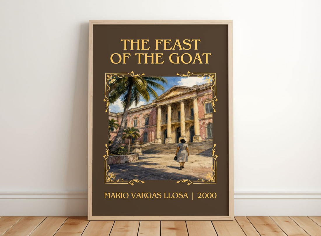 The Feast of the Goat Classic Book Art Print by Mario Vargas Llosa – framed print leaning on a wooden floor