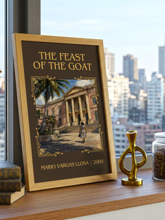 The Feast of the Goat Classic Book Art Print by Mario Vargas Llosa – framed print on a city-view windowsill