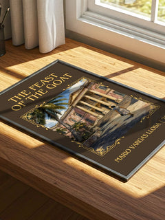 The Feast of the Goat Classic Book Art Print by Mario Vargas Llosa – print on a sunlit desk