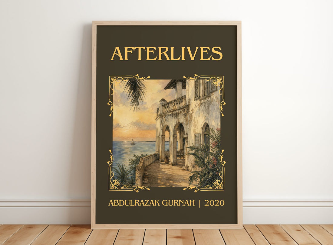 Afterlives Classic Book Art Print by Abdulrazak Gurnah – framed print leaning on a wooden floor