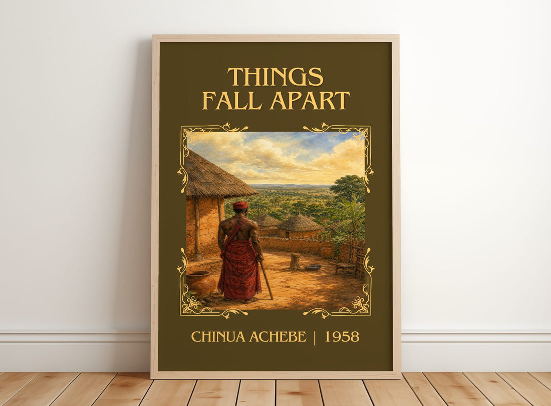 Things Fall Apart Classic Book Art Print by Chinua Achebe – framed print leaning on a wooden floor