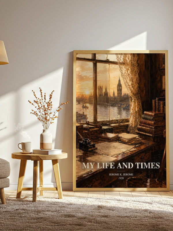 My Life And Times watercolour print in frame leaning in hallway – historical fiction wall art