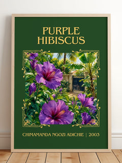 Purple Hibiscus Classic Book Art Print by Chimamanda Ngozi Adichie – framed print leaning on a wooden floor