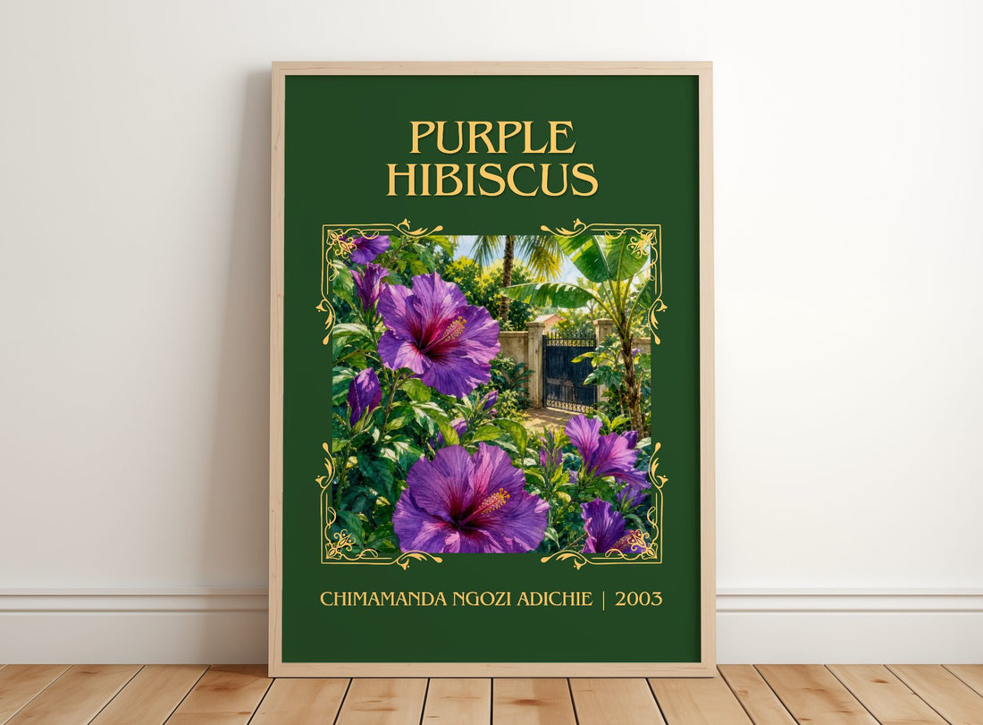 Purple Hibiscus Classic Book Art Print by Chimamanda Ngozi Adichie – framed print leaning on a wooden floor