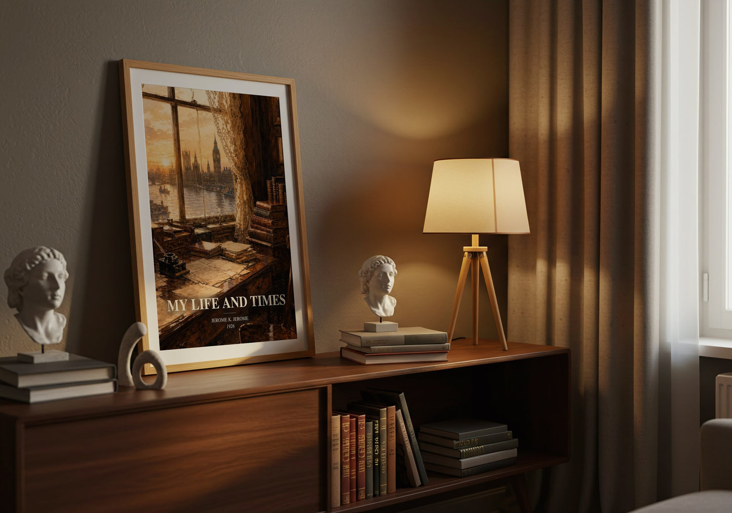 My Life And Times watercolour print on bookshelf – Jerome K. Jerome fan gift