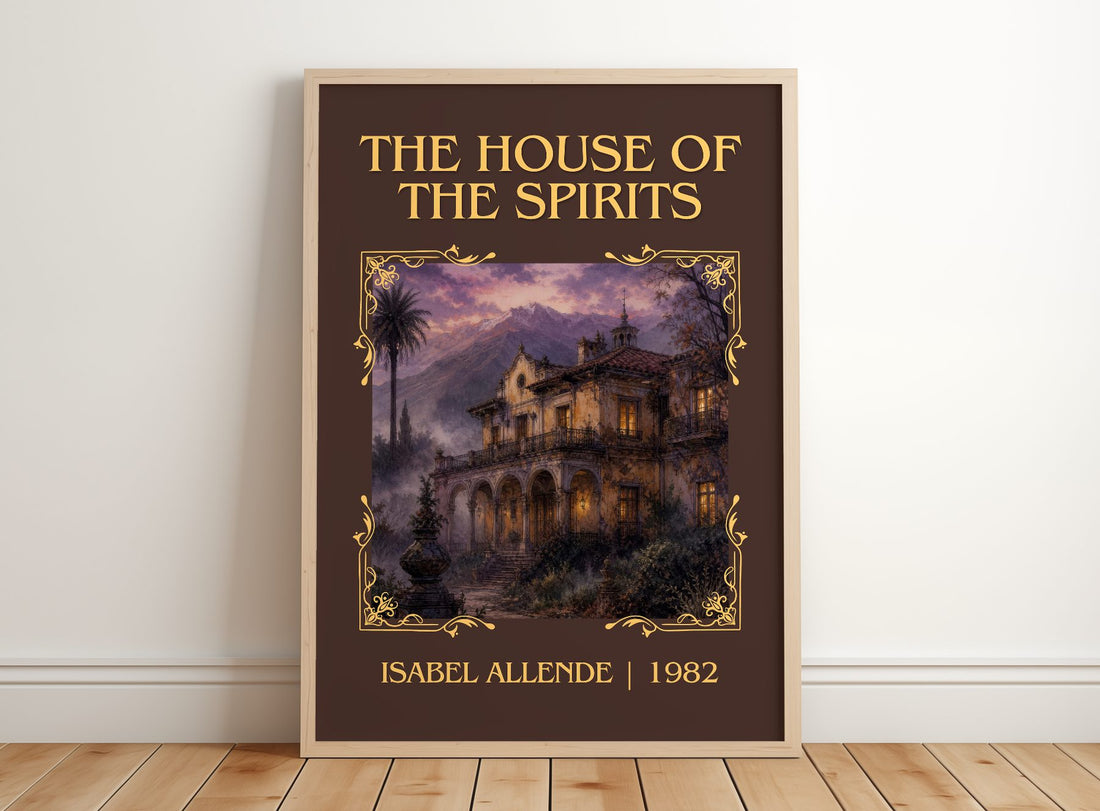 The House of the Spirits Classic Book Art Print by Isabel Allende – framed print leaning on a wooden floor