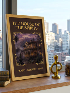 The House of the Spirits Classic Book Art Print by Isabel Allende – framed print on a city-view windowsill