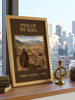 Ines of My Soul Classic Book Art Print by Isabel Allende – framed print on a city-view windowsill