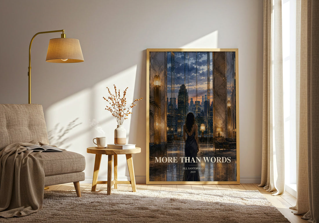 More Than Words watercolour print in frame leaning in hallway – contemporary fiction wall art (mockup)