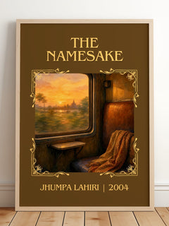 The Namesake Classic Book Art Print by Jhumpa Lahiri – framed print leaning on a wooden floor