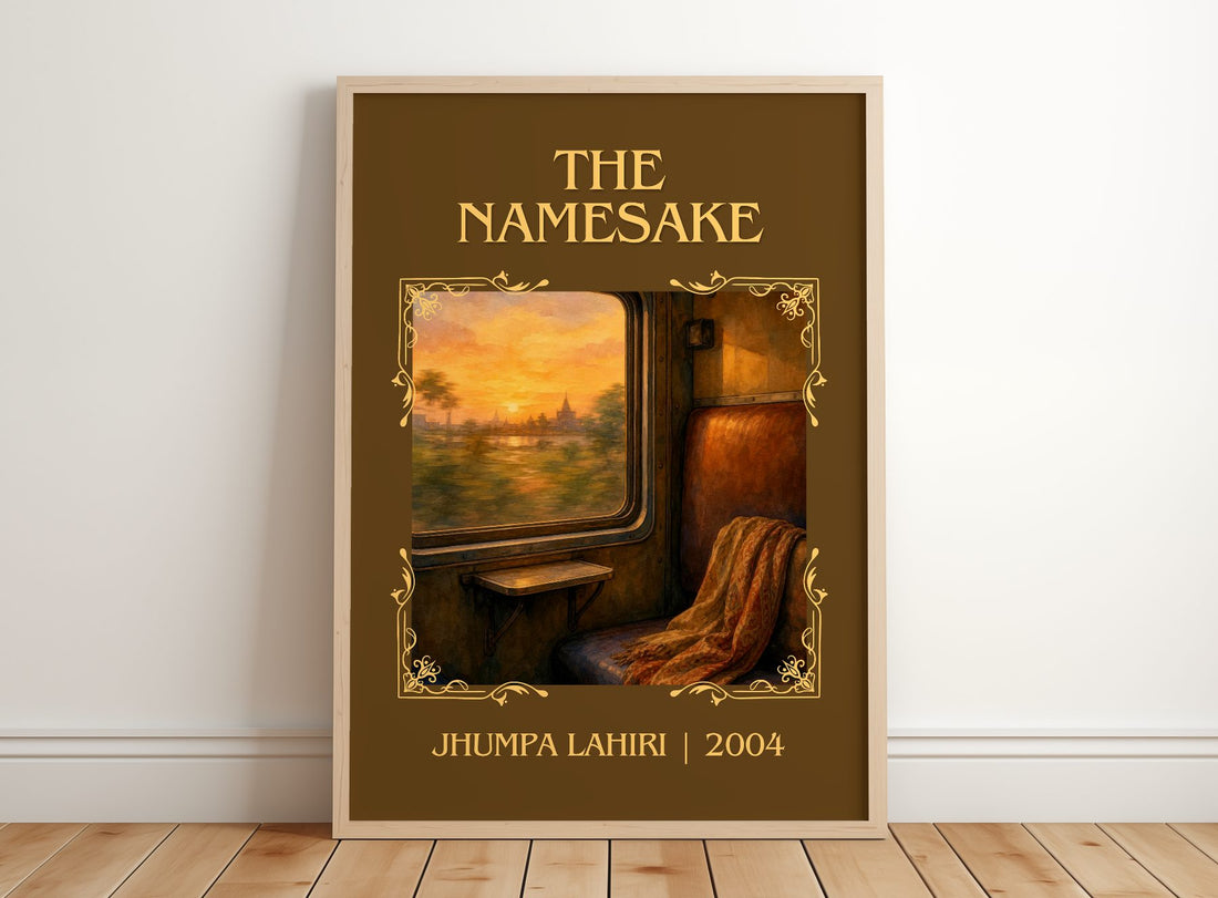 The Namesake Classic Book Art Print by Jhumpa Lahiri – framed print leaning on a wooden floor