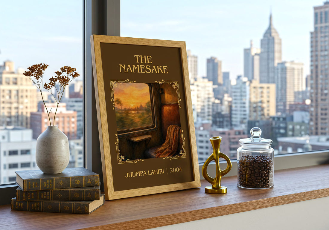The Namesake Classic Book Art Print by Jhumpa Lahiri – framed print on a city-view windowsill