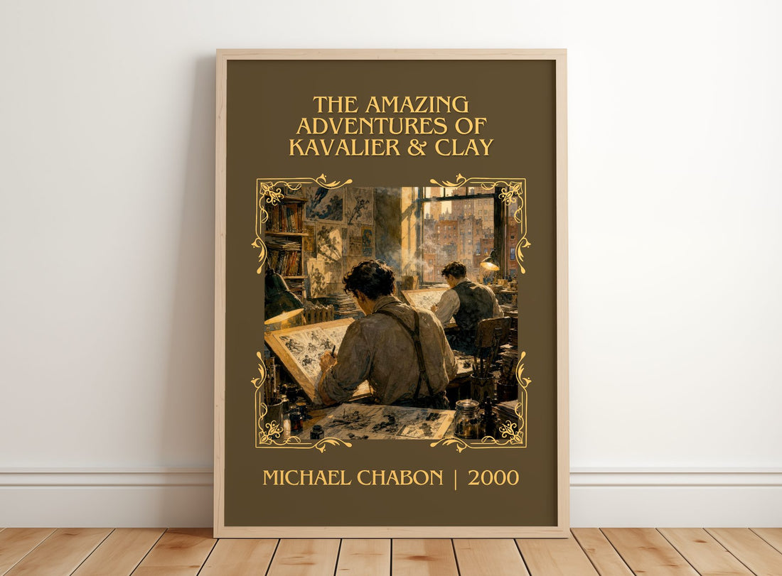 The Amazing Adventures of Kavalier & Clay Classic Book Art Print by Michael Chabon – framed print leaning on a wooden floor