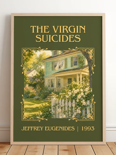 The Virgin Suicides Classic Book Art Print by Jeffrey Eugenides – framed print leaning on a wooden floor