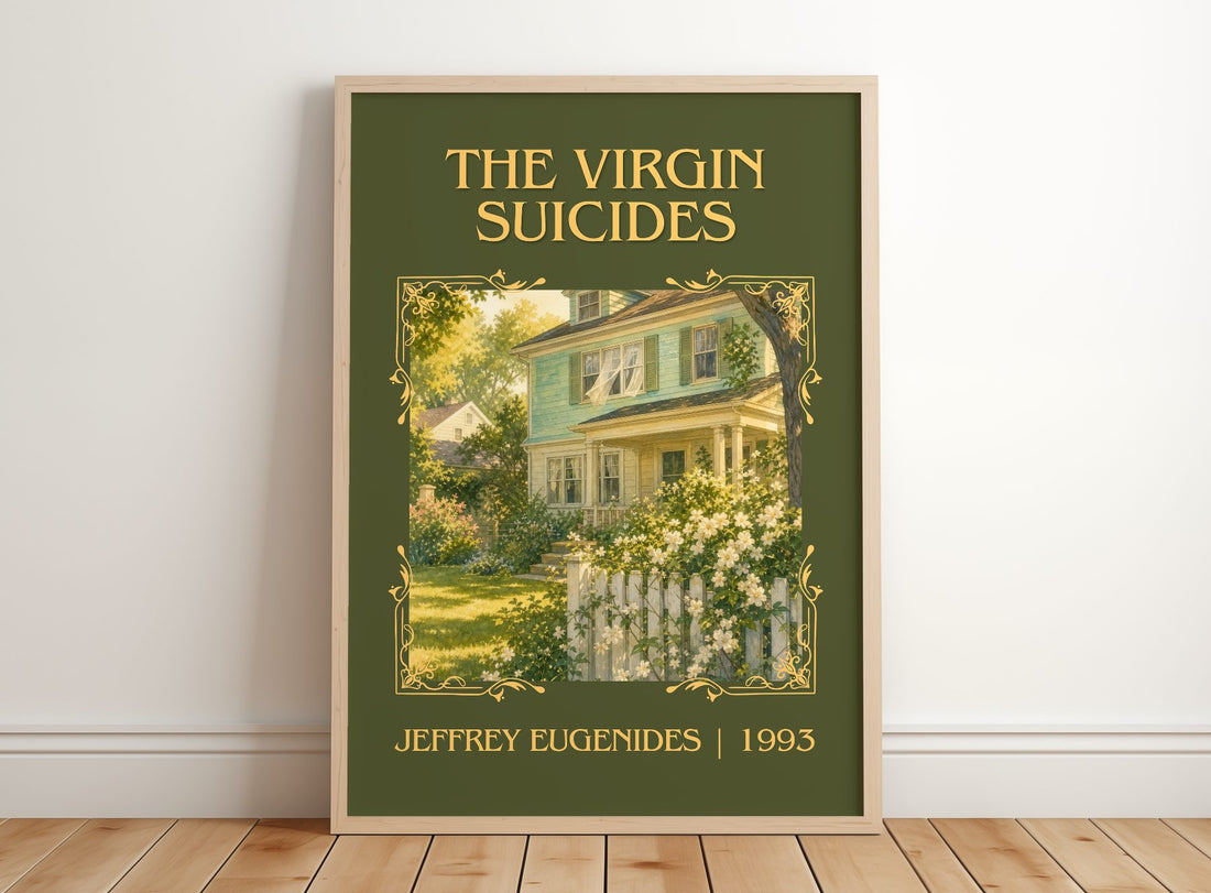 The Virgin Suicides Classic Book Art Print by Jeffrey Eugenides – framed print leaning on a wooden floor