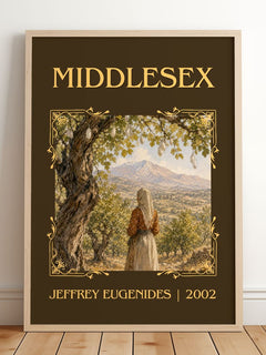 Middlesex Classic Book Art Print by Jeffrey Eugenides – framed print leaning on a wooden floor