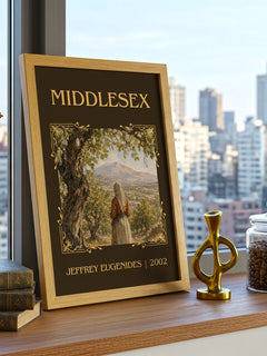 Middlesex Classic Book Art Print by Jeffrey Eugenides – framed print on a city-view windowsill