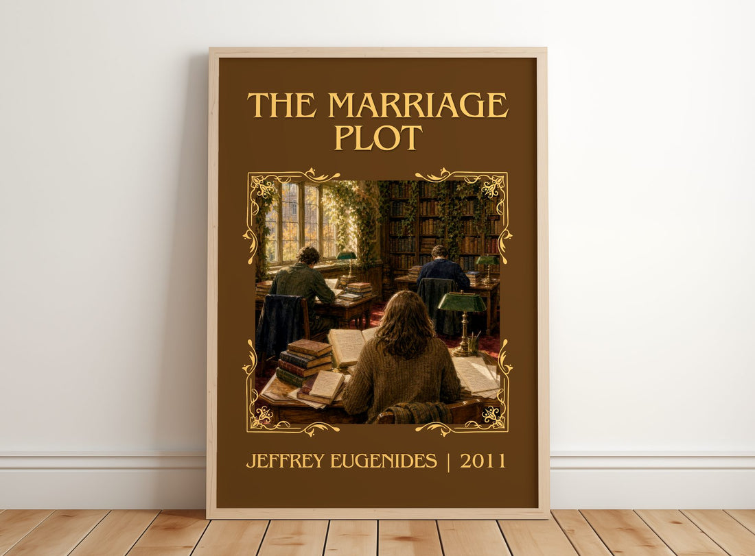 The Marriage Plot Classic Book Art Print by Jeffrey Eugenides – framed print leaning on a wooden floor