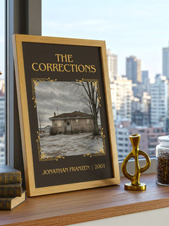 The Corrections Classic Book Art Print by Jonathan Franzen – framed print on a city-view windowsill