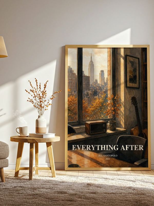 Everything After watercolour print in frame leaning in hallway – contemporary fiction wall art
