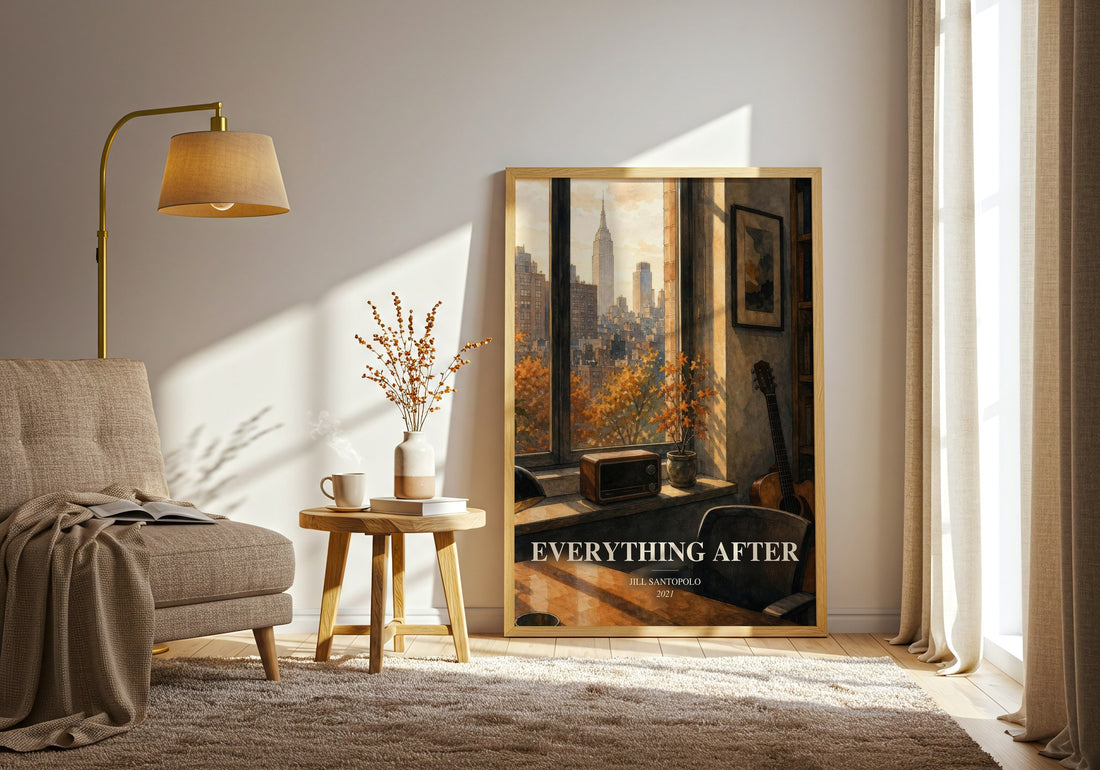 Everything After watercolour print in frame leaning in hallway – contemporary fiction wall art (mockup)