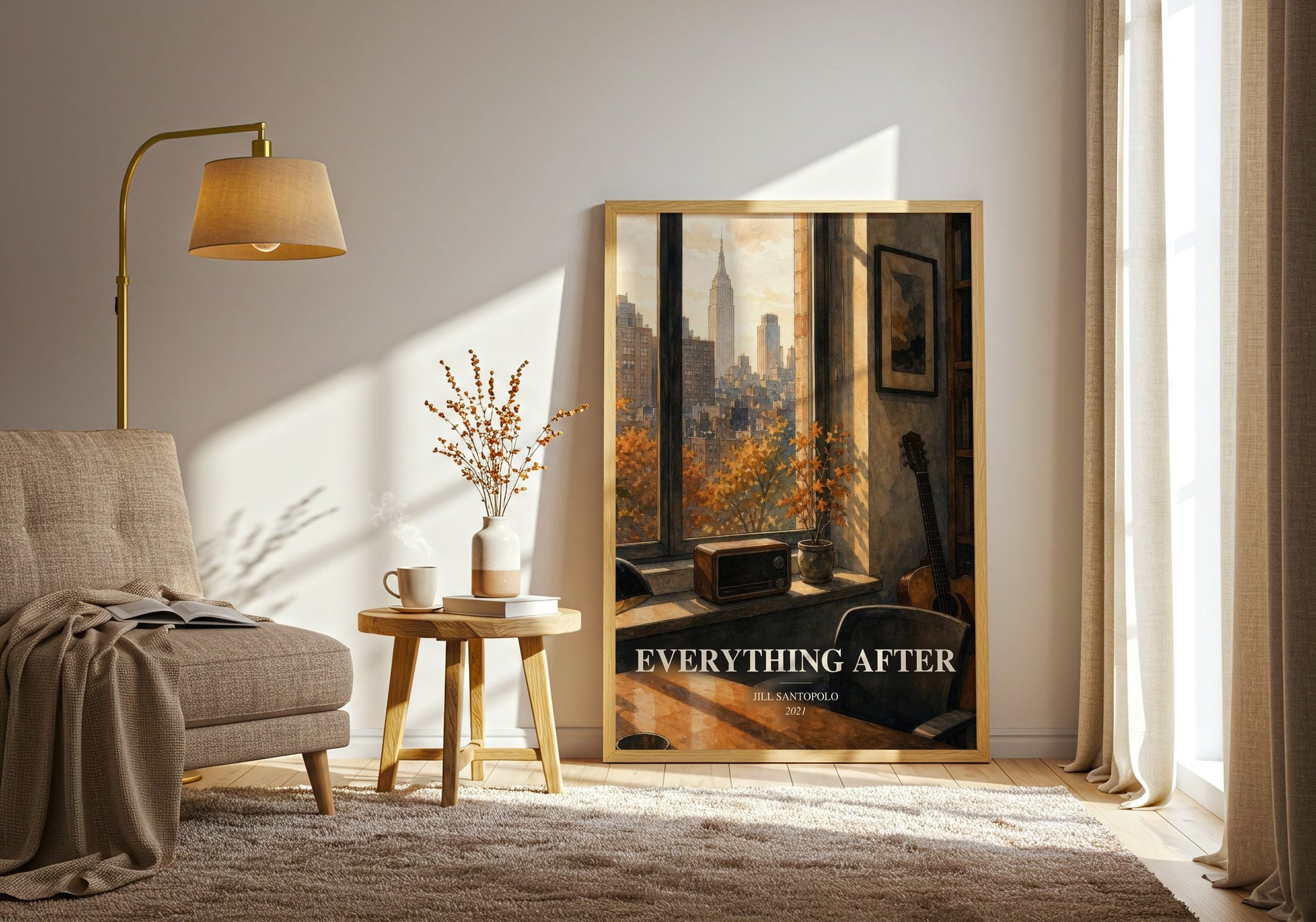 Everything After watercolour print in frame leaning in hallway – contemporary fiction wall art