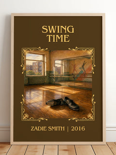 Swing Time Classic Book Art Print by Zadie Smith – framed print leaning on a wooden floor