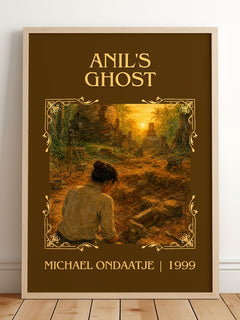 Anil's Ghost Classic Book Art Print by Michael Ondaatje – framed print leaning on a wooden floor